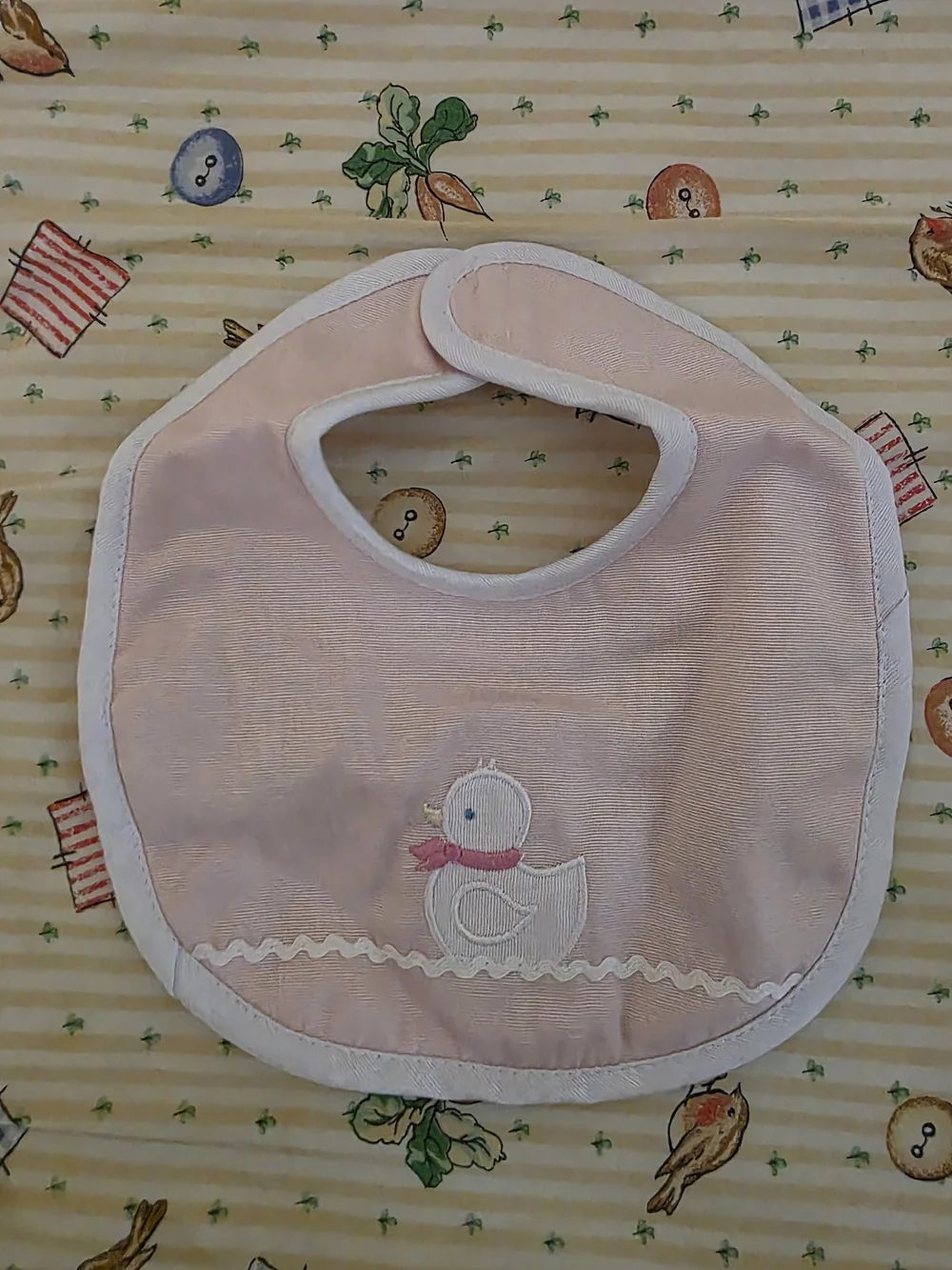 Vintage 2003 Pink Duck Embroidered Baby Bib with White Trim